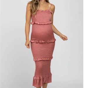 PinkBlush Satin Smocked Fitted Maternity Midi Dress-Mauve size M